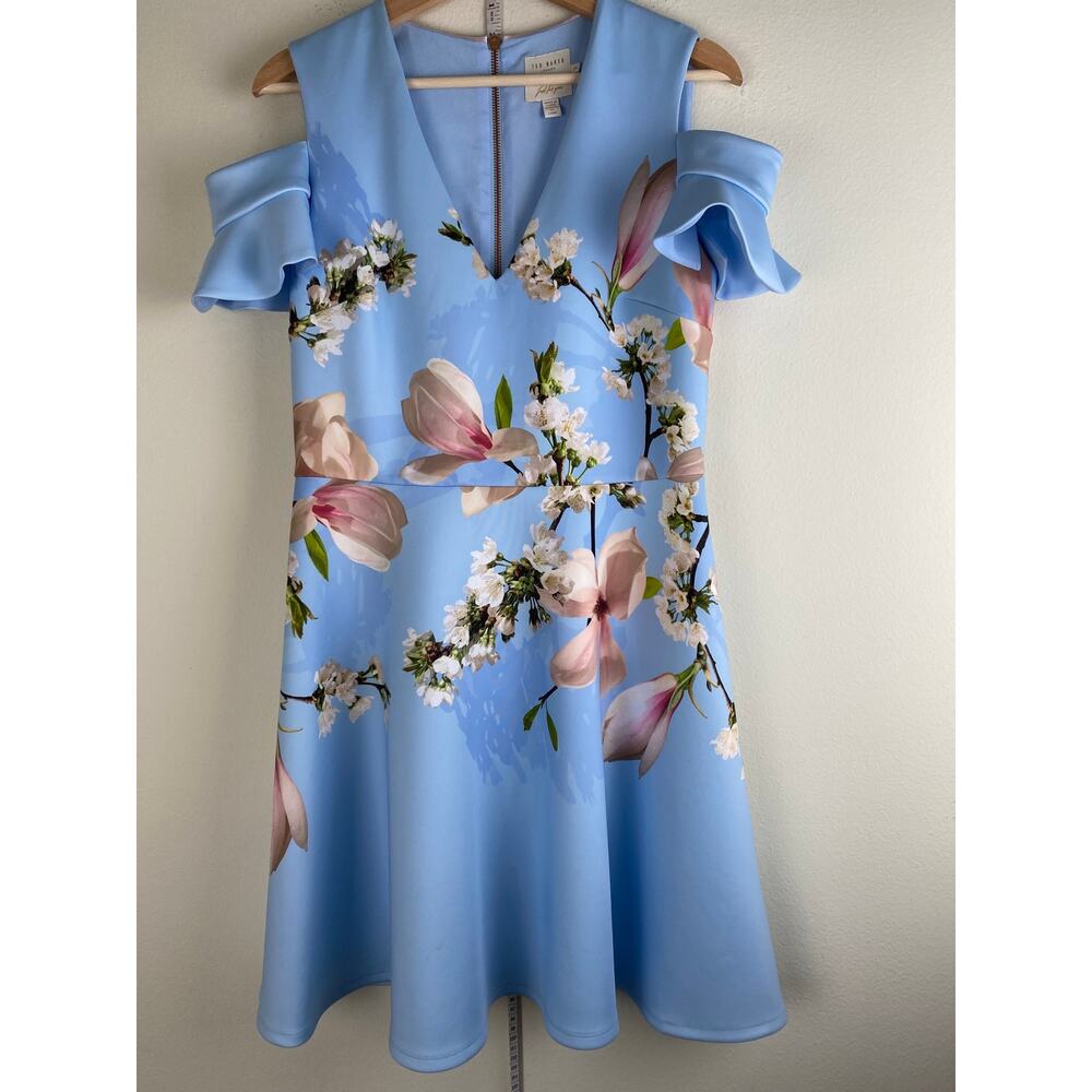 Ted Baker Effrae Floral Cold Shoulder Mini Dress Blue US8 - Picture 4 of 11